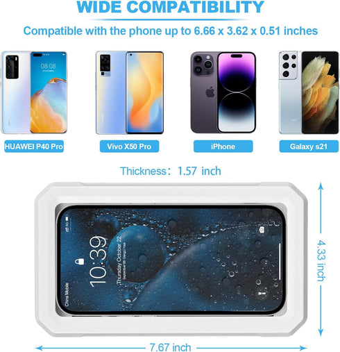Waterproof Shower Phone Holder Wall Mounted 360°Rotation Anti Fog HD High Sensitivity Touch Screen Phone Case for Bathroom Bathtub Kitchen Mirror with 4" to 7" Cell Phone (White)