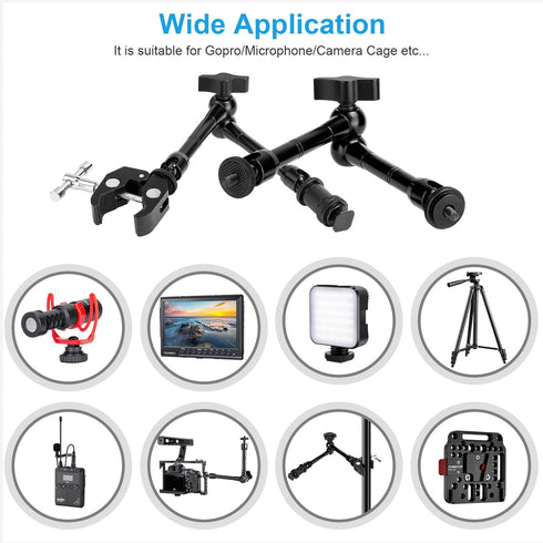 FOMITO 11 inch Magic Arm with Super Clamp - Adjustable Articulating Arm Magic Arm Camera Arm Superclamp w/Hot Shoe Mount 1/4 inch Tripod Screw Compatible with DSLR Camera Rig, LCD Monitor, LED Lights