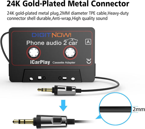 DIGITNOW Cassette 3.5MM Smartphone/MP3 3.7Ft Car Audio to Aux Adapter, Aux Audio Cable Tape Player for Player/CD
