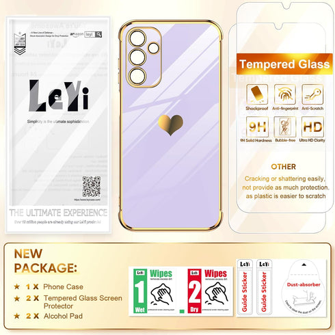 LeYi Purple Soft TPU Case for Samsung Galaxy A15 5G: Shockproof, Love Heart Plating, with 2 Tempered Glass Protectors.