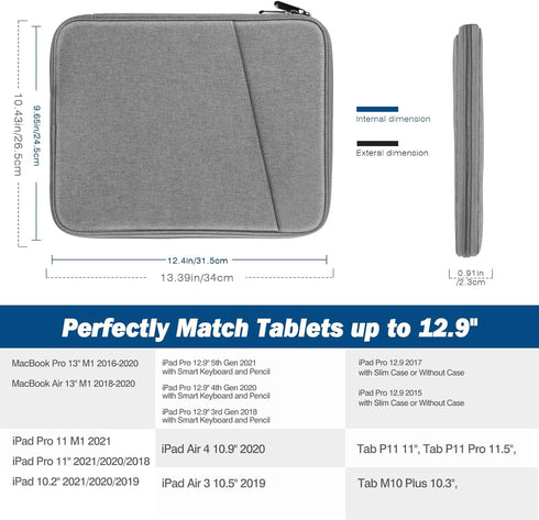 MoKo 12.9 Inch Tablet Sleeve Bag - Compatible with 13 Inch New iPad Pro M4 & Air M2 2024, Waterproof Bag with Pocket