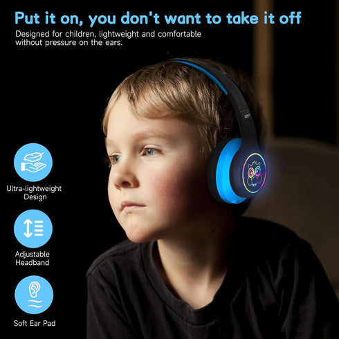 LOBKIN Kids Bluetooth Headphones, Over Ear Wireless Headphones with Mic, 50H Playtime, Colorful LED Lights, Safe Volume