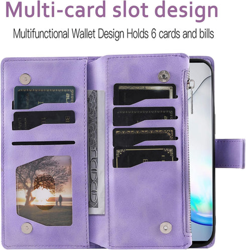 Asuwish Wallet Phone Case for Samsung Galaxy Note 10 5G - Mandala Flower, Zipper Card Holder, Tempered Glass, Purple.