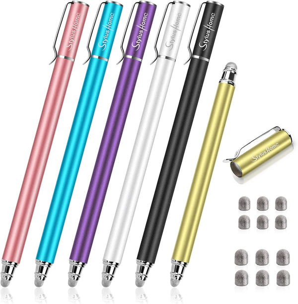 StylusHome Stylus Pens for Touch Screens (6 Pcs) - 2 in 1 Fiber Tips Capacitive Stylus with 12 Extra Tips