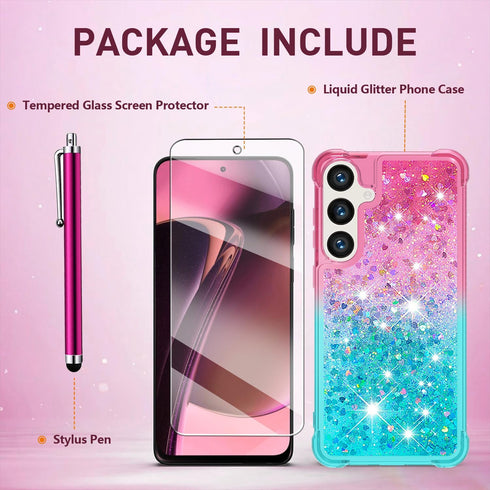 Samsung Galaxy S24 Case with Screen Protector, Luxury Glitter Bling Liquid Floating Cute Shockproof Slim Silicone Cover