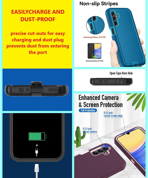 Heavy Duty Case for Samsung Galaxy A15 5G, with Belt-Clip and Tempered Glass Screen Protector, Military Grade