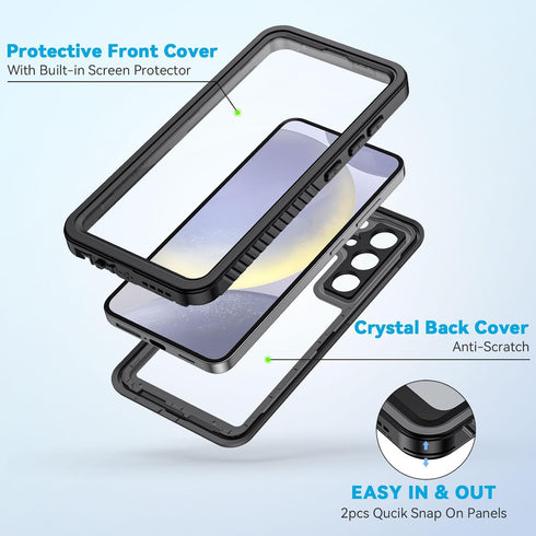 Lanhiem Samsung Galaxy S24 Case, Rugged Shockproof Cover, IP68 Waterproof with Built-in Screen Protector, Black/Clear