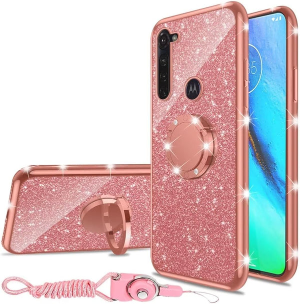 Cute Girls Women Glitter TPU Slim Case for Moto G Stylus (2020) with Ring Stand Kickstand - Rose Gold