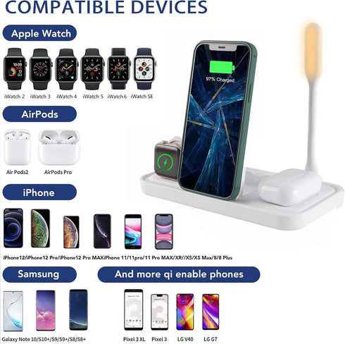 Lamp with Wireless Charger, 4 in 1 Charging Station for iPhone/Samsung/Qi Phones, AirPods, iWatch, White