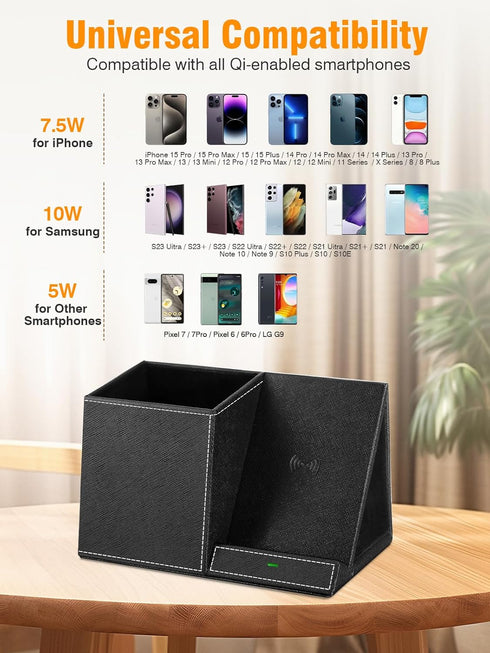 Pen Holder for Desk, Organizer with Wireless Charger, Multi-Functional Pencil Organizer for Home Office Supplies