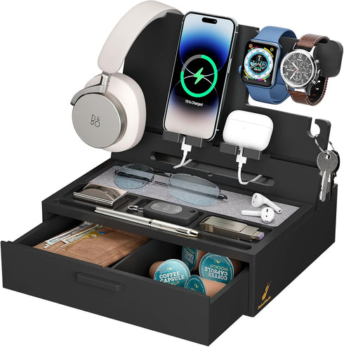 Pezin & Hulin Wooden Charging Station, Bedside Nightstand Tray, with Spacious Drawer,