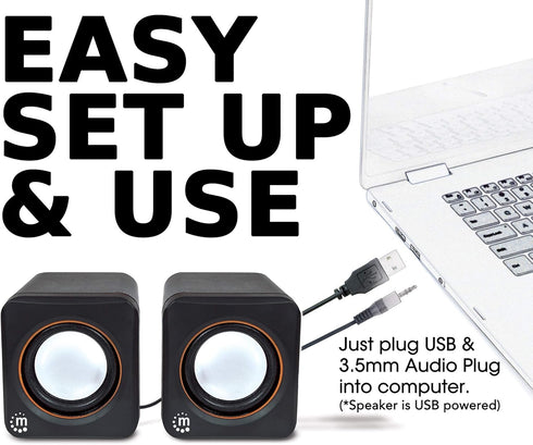 Manhattan USB Powered Stereo Speaker System, Small Size with Volume Control & 3.5 mm Aux Plug, Black Orange