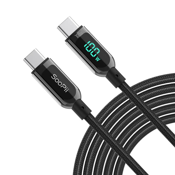 SOOPII 100W 10ft USB C to USB C Cable Fast Charge, Nylon Braided Cable with LED Display for iPhone 15/15 Pro/15 Plus/15