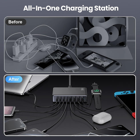 200W USB C Charger Block, GaN III 8-Ports Charging Station Hub + PD 65W Laptop Charger for MacBook, iPhone 16/15, Black