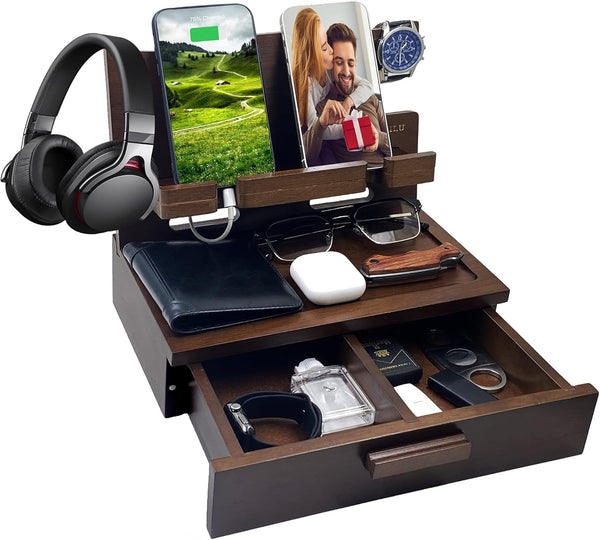 Gifts for Men Women Him Husband Son Birthday Organizer Wood Phone Docking Station - Gift Ideas for Mother's Day