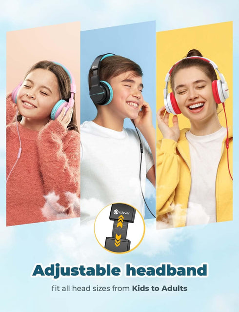 iClever HS19 Kids Headphones - Over-Ear, Volume Limiter 85/94dB, Foldable, Shareport, Wired for iPad/Travel (Black)