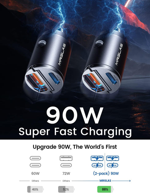 MRGLAS 90W USB C Car Charger, 2-Pack Super Mini Metal Fast Charging Adapter PD+QC3.0 Dual Port for iPhone 15/14 Pro Max