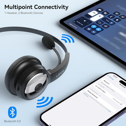 LEVN Bluetooth Headset, Wireless with Microphone, 60Hrs Talk Time, AI Noise Cancelling for Trucker/Remote Work