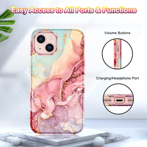 CASEFIV iPhone 13 Case, Rose Gold Marble Pattern, 3-in-1 Heavy Duty Shockproof Full Body Rugged Cover for 6.1" 2021.