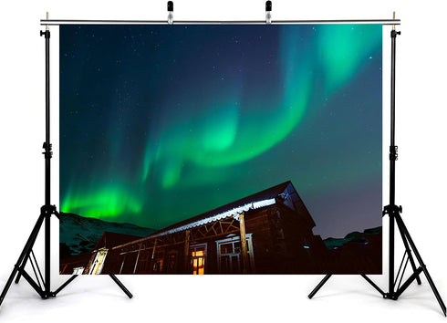 KeyWork 9x9ft Green Northern Lights Cabin Backdrop Arctic Night Sky Scene Photography Background for Winter Event Home