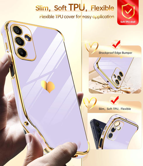 LeYi Purple Soft TPU Case for Samsung Galaxy A15 5G: Shockproof, Love Heart Plating, with 2 Tempered Glass Protectors.