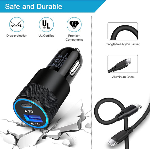 USB C Fast Car Charger for Samsung Galaxy S24 S23 Ultra S22 S21 S20 Plus A15 A52 A55 A54 F23 F52 Note 20,30W 2 Port Car Charger Adapter + USB C to C Charger Cable for Google Pixel 8a 8 7 6 5 5XL 4 4XL