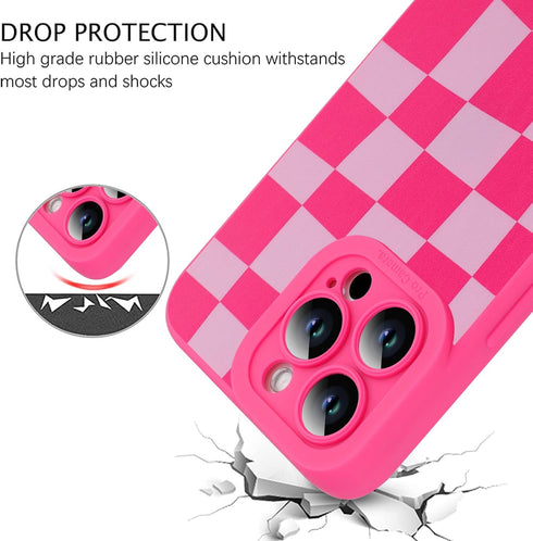 ZIYE Hot Pink Grids Plaid Checkerboard Case for iPhone 14 Pro, Soft TPU Silicone Rubber Protective Cover