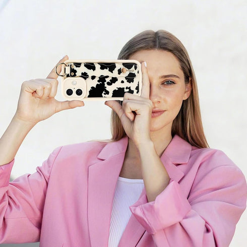 Jefonha 16 Compatible with iPhone Case with Finger Hand Strap for Girls Women, Cute Funny Milk Cow Phone Case