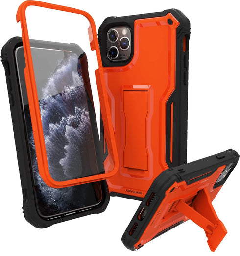 ExoGuard Rubber Shockproof Full-Body Case for iPhone 11 Pro with Built-in Screen Protector and Kickstand (Orange)