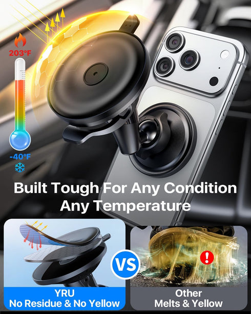 YRU 360 2800gf 17 16 15 14,Black [True Upgraded Military-Grade Phone Holder for Magsafe Car Mount Rotating Vacuum