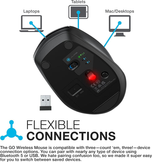 JLab GO Wireless Mouse, Black, Connect Via Bluetooth or USB Wireless Dongle, Multi-Device Toggle, Portable, Ultra-Compact and Lightweight for Work on The Go, Adjustable Tracking, Ergonomic