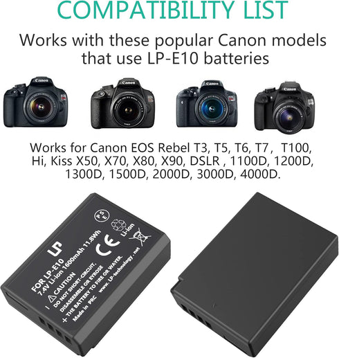 LP LP-E10 Battery Charger Pack - 1-Pack Battery & Charger for Canon EOS Rebel T3, T5, T6, T7, T100, 1100D, 1200D