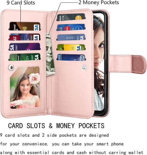 Njjex Wallet Case for Moto G Play 2021, PU Leather Folio Flip with 9 Card Slots, Detachable Kickstand & Lanyard (Rose