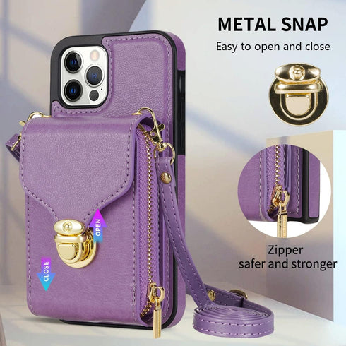 Compatible with iPhone 11 Pro 5.8 Wallet Case, Crossbody Strap Leather Zipper Credit Card Holder Clasp Stand Cell