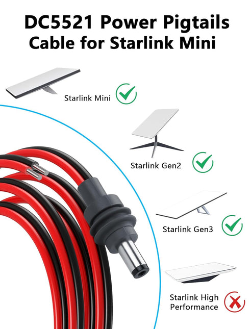 DC5521 14AWG 5.5mm 2.1mm 3.2FT CERRXIAN Power Pigtails Cable for Starlink Mini, DC x Male Plug to Bare Wire Open End