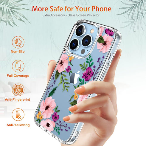 GiiKa for iPhone 13 Pro Case with Screen Protector, 6.1 inch Clear Full Body Shockproof Floral Hard Case for Girls Women
