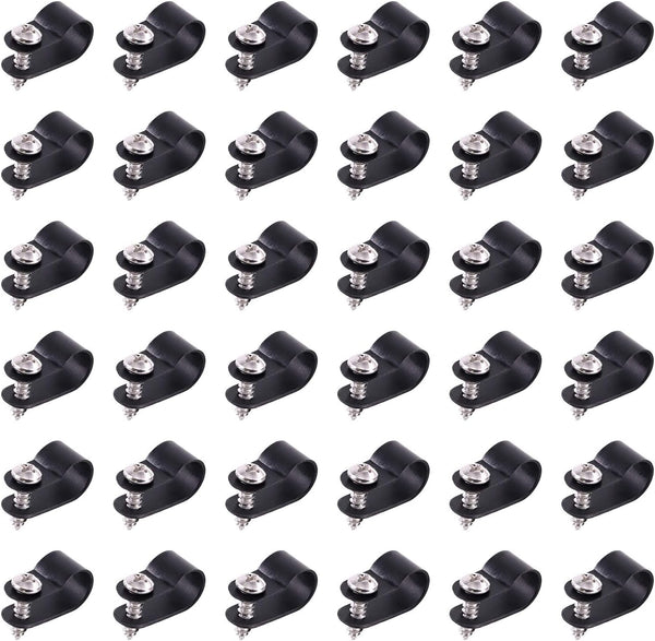 Swpeet 60 Pack Black 3/8 Inch Nylon Plastic R-Type Cable Clips, Screw Mounting Cord Fastener Clips with Screws