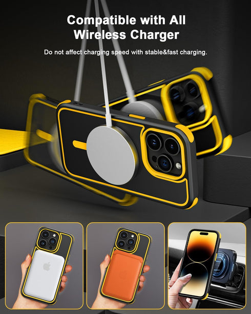 for iPhone 14 Pro Case, Compatible with MagSafe, Crystal Clear Case with Magnetic Ring, Multicolor Protective Shockproof Bumpers, Not Yellowing Slim Cover for Men Women - Black/Yellow