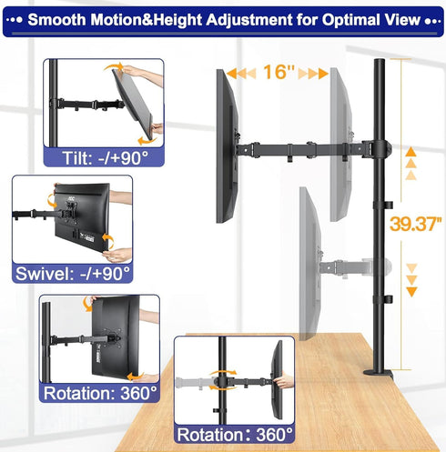 HUANUO Single Monitor Stand Desk Mount, Fully Adjustable 39 Inch Stand for 13-32 In Screen, Holds up to 22lbs with C