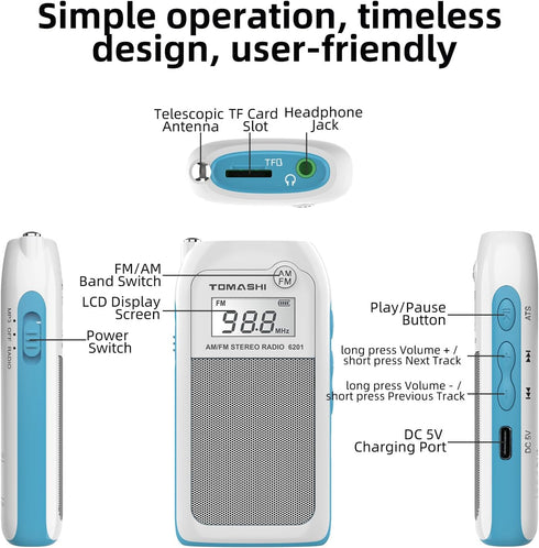 TOMASHI Preset MP3 Tiny Portable AM/FM Radio with DSP, Auto Scan & Channels, Stereo Headphone Output, Micro SD Player