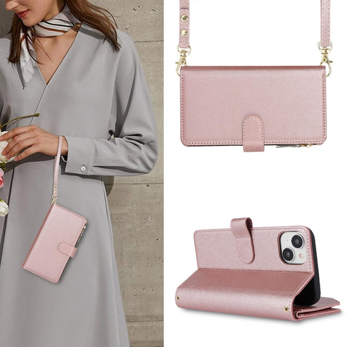 Jaorty iPhone 15 Plus Wallet Case for Women with Card Holder, Crossbody Case with Strap, Zipper Pocket, Rosegold