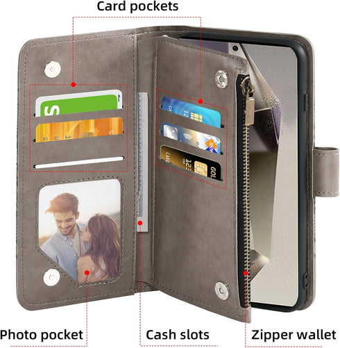 Asuwish Wallet Case for Samsung Galaxy S24 Ultra 5G - Grey, with Tempered Glass Protector & Flower Flip Card Holder.
