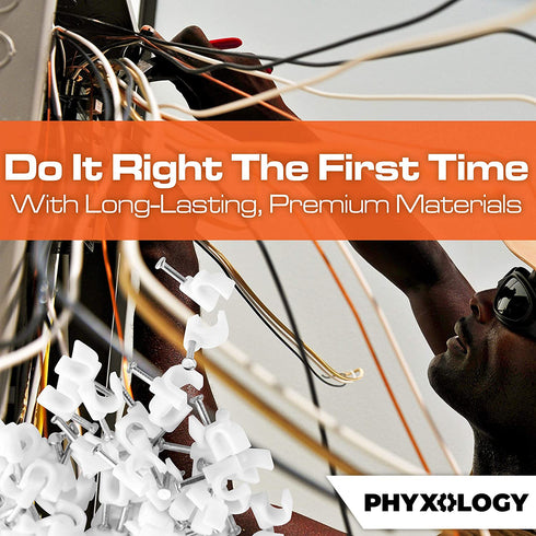 PHYXOLOGY SUPPLY Pro-Grade Cable Clips with Steel Nails, 4mm & 14mm Wire Holders, 100 Per Size