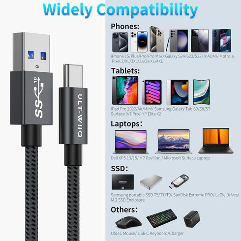 ULT-WIIQ USB A to USB C Cable 6.6FT Fast Charging QC 3.0 AFC Braided 10Gbps Data Transfer for iPhone 15 Samsung