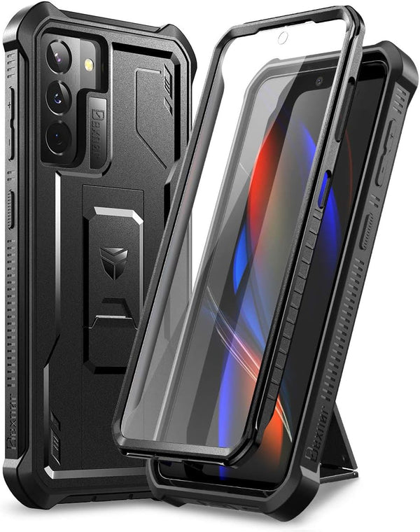 Dexnor Samsung Galaxy S21 Case, Heavy Duty Military Grade Protection with Built-in Screen Protector and Kickstand, Black