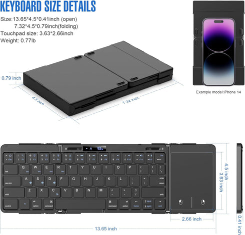 Foldable Travel Keyboard, Wireless Portable Folding Keyboard with Touchpad, Bluetooth for iPad, Tablet, Laptop,