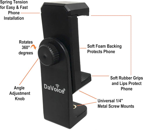 DaVoice 360 Tripod Phone Mount Adapter, Rotating Holder, Compatible with iPhone Smartphone Camera Stand, Universal Cell