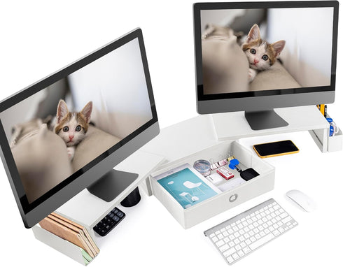 Dual Monitor Stand Riser with Drawer & Metal Leg, Large White Computer Monitor Riser with Storage for 2 Monitors