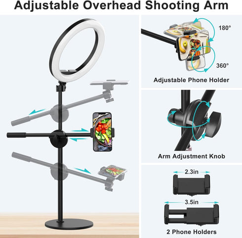 Overhead Phone Camera Mount with Ring Light - Content Creator Kit with 10.5" RGB Ringlight, Desk Stand & Tripod