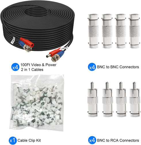 Aimyzii 100ft 4 Pack 8X Adapters,100 BNC Cable BNC Video Power Cable,Security Camera Cable for CCTV Camera DVR Security